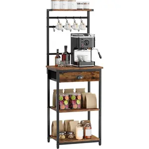 5 Tier Coffee Bar Station, Coffee Stand with Fabric Drawers, 8 S-Shaped Hooks, Corner Bar Cabinet, Height Adjustable, Bakers Rack for Kitchen, Living Room, Rustic Brown HBR009H