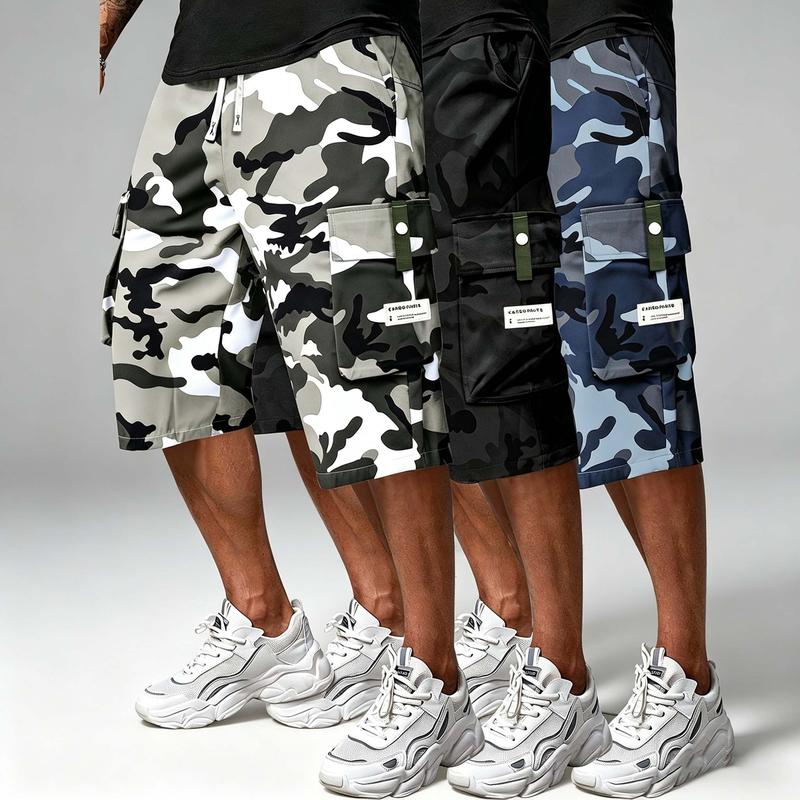 Male Men's Fitted Camouflage Cargo Sports Shorts - Elastic Waistband with Drawstring, Polyester Synthetics Fabric, Utility Cargo Pockets, Cold Wash Compatible - Outdoor Hiking, Summer Casual Outings (Normal Type)