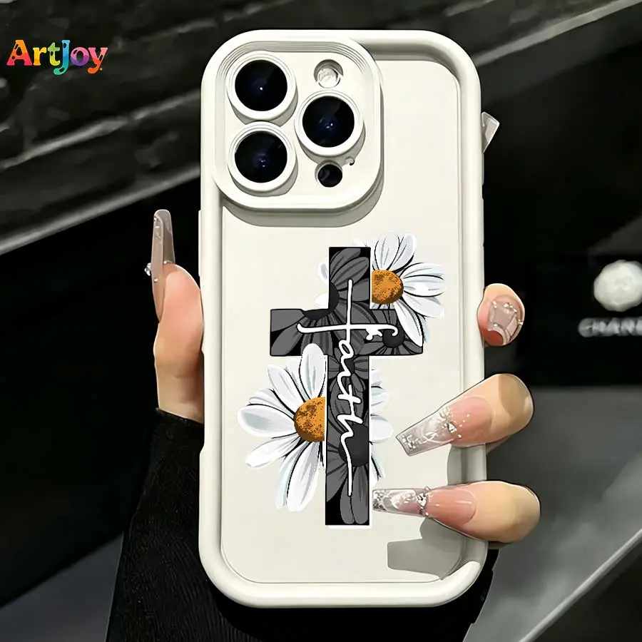 Minimal Faith Cross & Daisy Christian Matte Silicone TPU Phone Case - Flexible, Shockproof, Durable Accessories for Galaxy S25,S24,S23,S22,S21 (Plus,FE,Ultra),A33 & iPhone 17 Pro Max,16,15,14,13 - Ideal Birthday Gift, Protection, Camera Guard