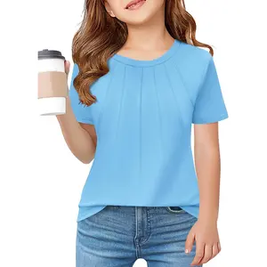 Haloumoning Girls Pleated T Shirts Kids Summer Short Sleeve Fashion Tops Tees 5-14 Years