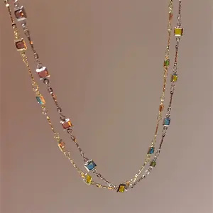 Boho Multi Color Tiny Gemstone Chain Necklace, Shiny Golden Thin Delicate Chain, Sweet Rainbow Accent Necklace Casual Everyday Fashion Accessory for Ladies