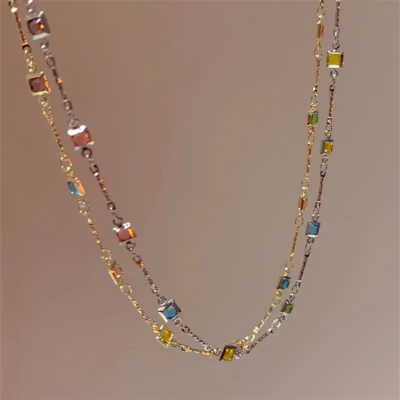 Dainty Lightweight Necklace for Women with Rainbow Gemstone Accents, Minimalist Elegant Silhouette, Gold Tone Adjustable Extender Chain, Artificial Gemstone Necklace, Casual Wear, Lightweight Metal, Rainbow Hues