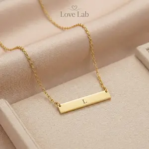 Love Lab Personalized Bar Necklace - Name & Initial Horizontal Pendant, High-Quality Titanium Steel, Minimalist Design for Women, Ideal Anniversary or Birthday Gift