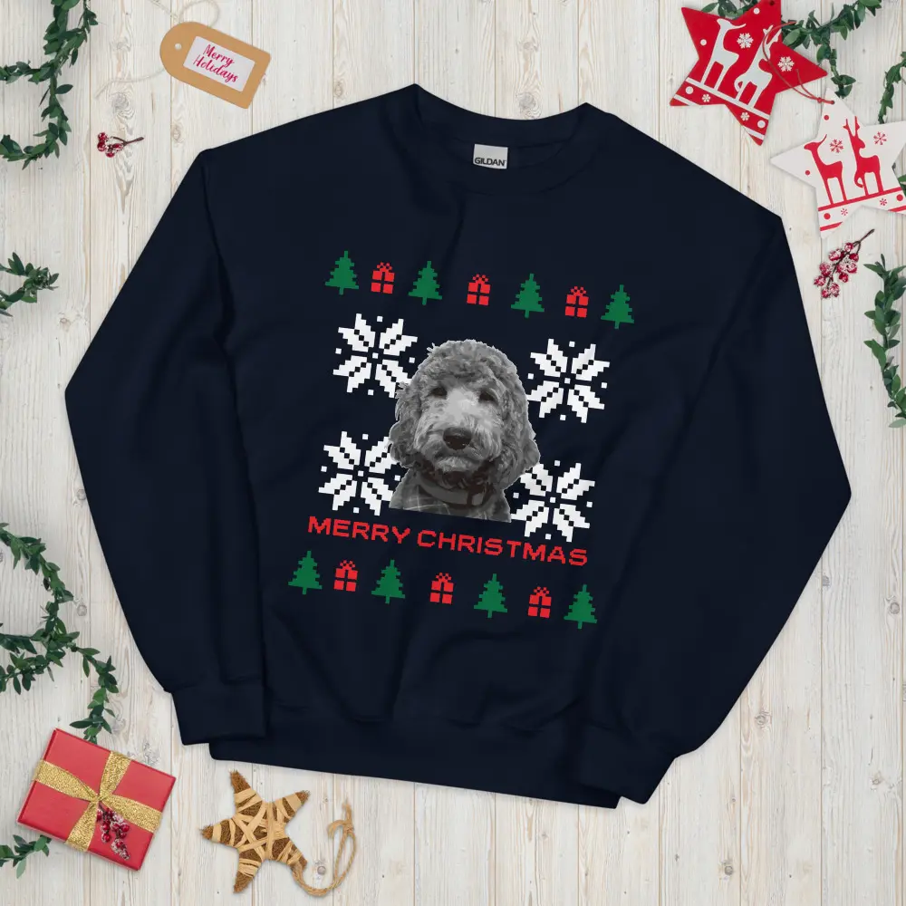 CUSTOM PHOTO of Pet Ugly Christmas Sweater Navy Blue Unisex Sweatshirt