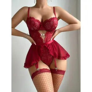 4pcs Set: Sexy Lace Contrast Mesh Bodysuit + Ruffle Garter Belt Skirt + 2 Pairs Stockings Bra Fabric sweet  for girls tiktok made me buy it nightgown slip fyp  modest bathing suit underwire sexy  bodysuit lingerie crop and Elastic Wedding Garter