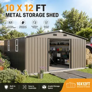 Outdoor Storage Shed 10x12 ft Metal Garden Sheds with Windows Color Steel Plate Backyard Tool House with Protective Film Weatherproof Outside Utility Building for Lawn Equipment Bike Storage Organization Workshop
