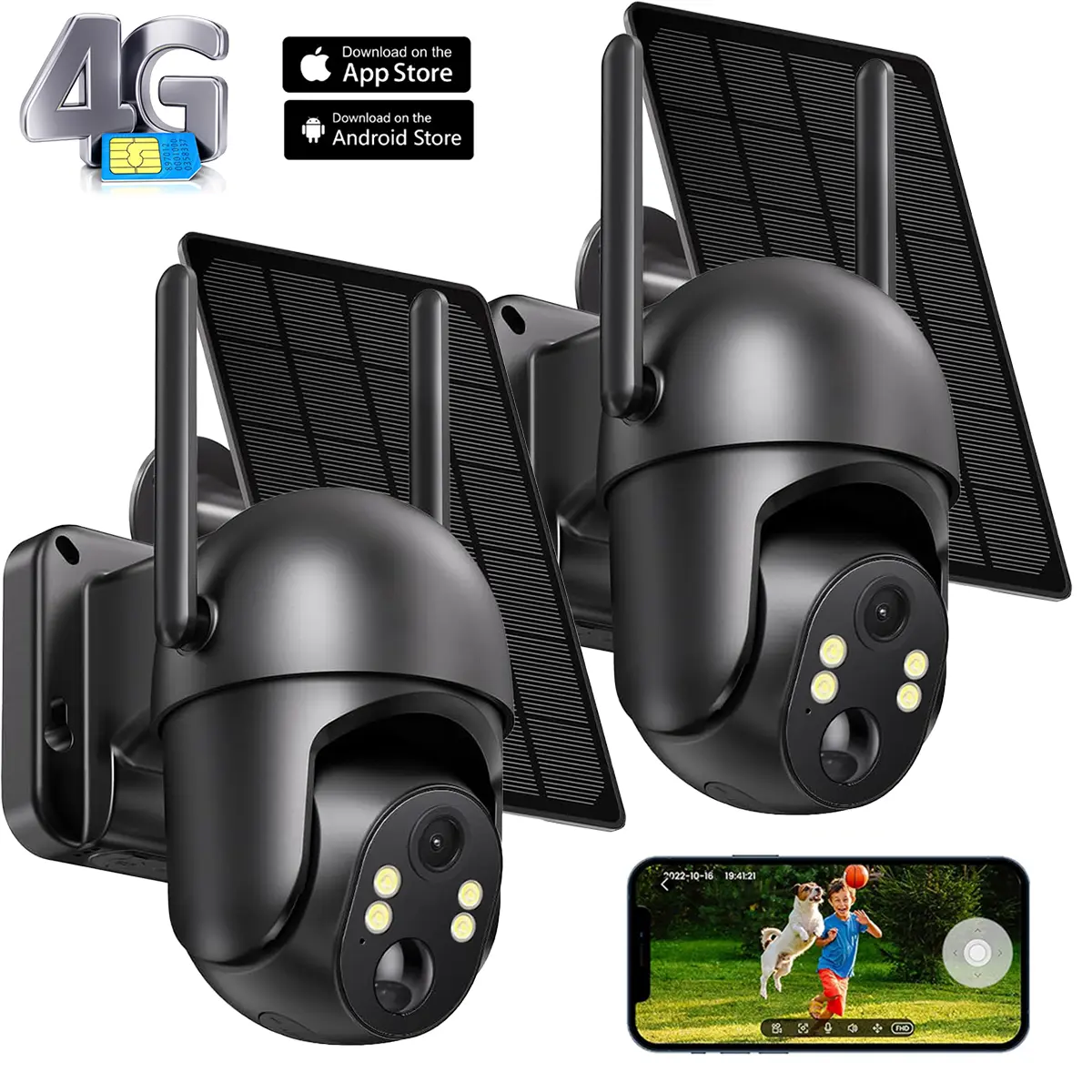 4G LTE Cellular Solar Security Camera Wireless Outdoor, No WiFi Solar Powered Camera, 360 °   Live View, 2K Color Night Vision, PIR Motion Sensor, 2 Way Talk, Build in SIM Card(Data refill is required) - Black