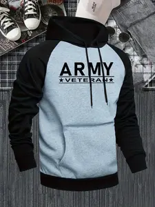 Men's Army Veteran Print Hoodie, Casual Patchwork Long Sleeve Sweatshirt, Fitted Fashionable Two-Tone Hooded Pullover