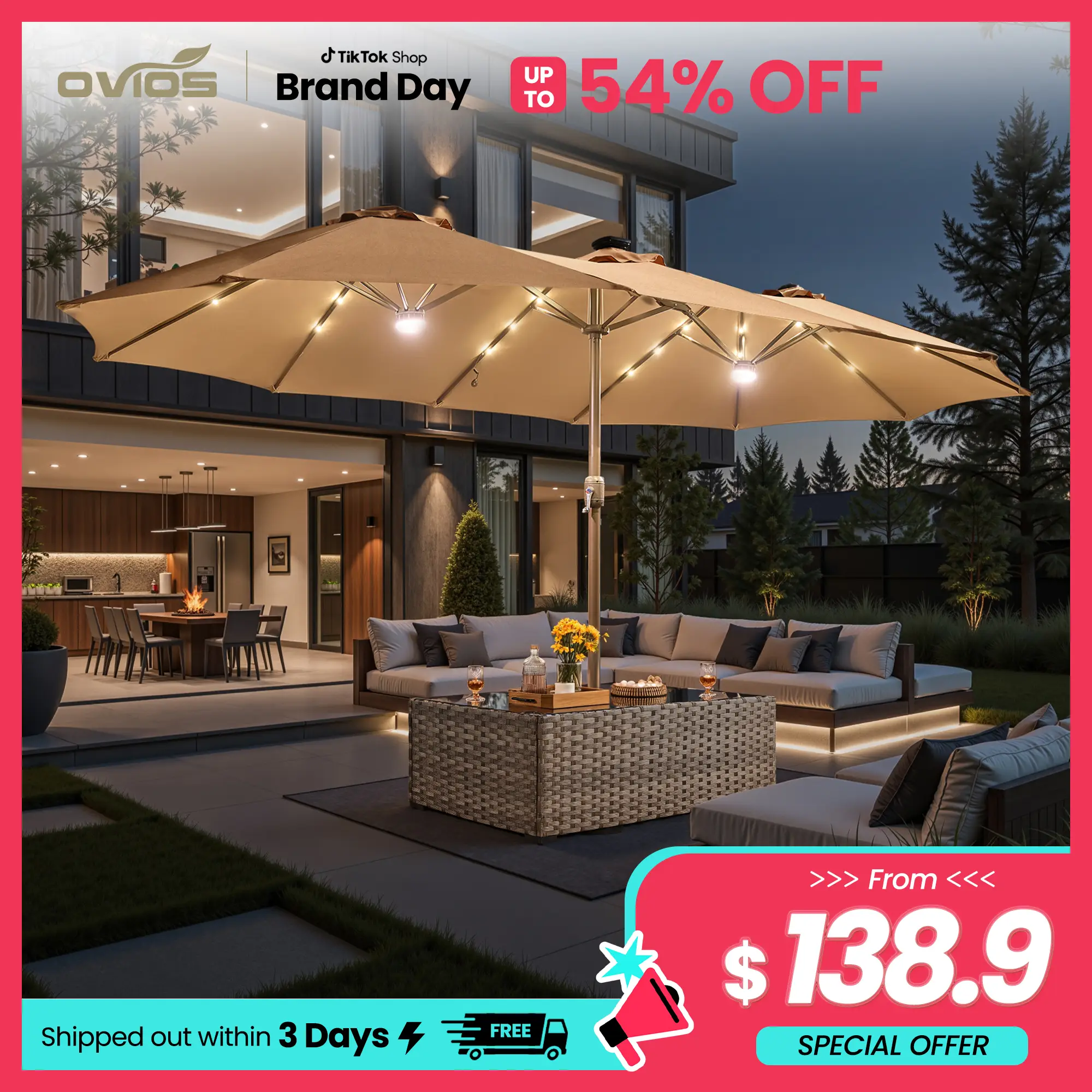 【Rainbow Lighted Umbrella & Table】Ovios 15ft Double-Sided Patio Umbrella with Solar Lights & Umbrella Hold Table, Outdoor Large Umbrellas with Crank H