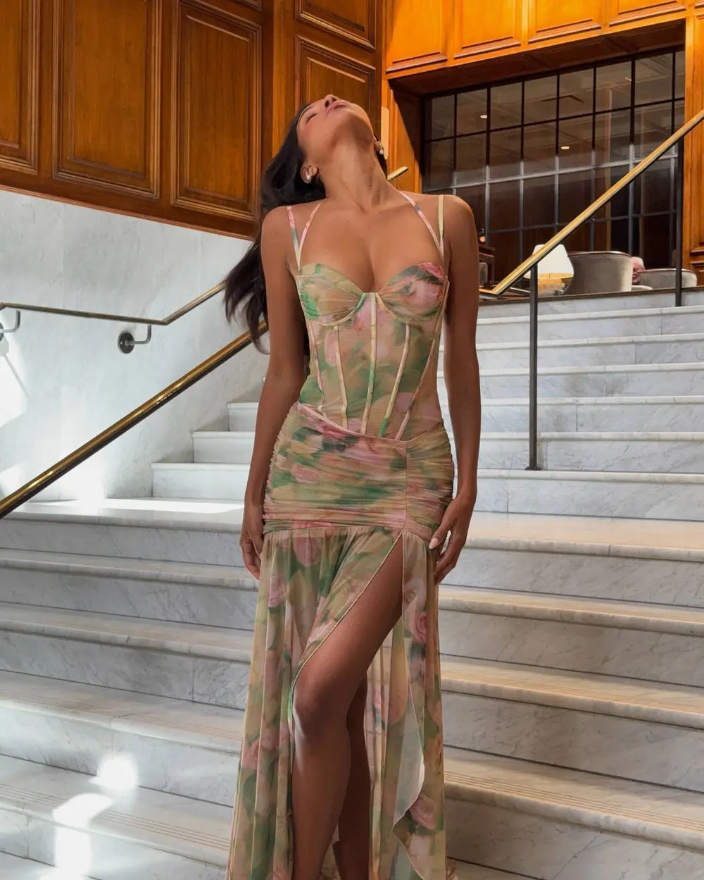 Printed Tulle Lined Long Dress Elegance Turtle