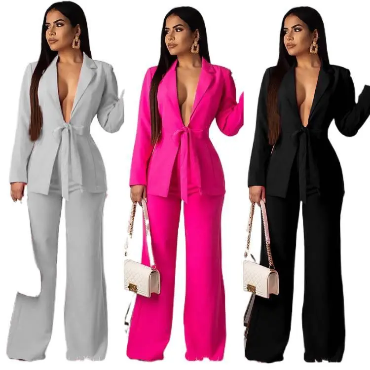 Women's 2-Piece Solid Color Long-Sleeve Tie-Waist Blazer & Straight Leg Pants Set, Chic Simple Comfortable Fabric Business Casual Workwear for Office Interviews Fabric Light