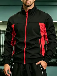 Men's Fall Winter Colorblock Stand Collar Jacket, Zip Pocket Outdoor Running Windproof Coat, Casual Fitness Training Top