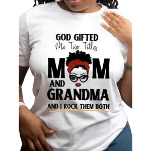 Women's casual crew neck T-shirt, printed with the words "God gave me two titles: Mom and Grandma", cotton T-shirt, short sleeves, suitable for all seasons.