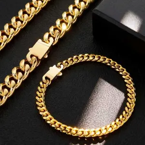 12MM Stainless Steel Cuban Link Chain Men's 22K Gold Plated Non-fading Necklace & Bracelet Personalized Hip-hop Jewelry