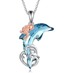 Dolphin Necklace for Women Sterling Silver Dolphin Crystal Pendant Necklace Rose Gold Plated Jewelry Gifts