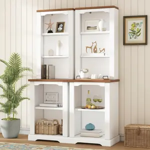 41.7*14.9*66.1 Inch 2-Piece Open Storage Cabinet Set, Walnut & White MDF Display Cabinet with Curved Design, 6 Tier Shelf Anti-Tipping 396LBS Combined Load Separable Accent Cabinet for Living Room Bedroom Hallway