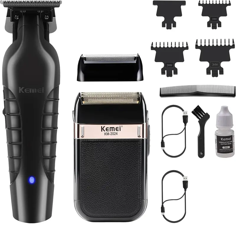 Kemei Men's Professional Hair Clipper and Shaver Set USB Rechargeable Cordless Hair Clipper and Trimmer Ideal Holiday Gift for Barbers and Boyfriends