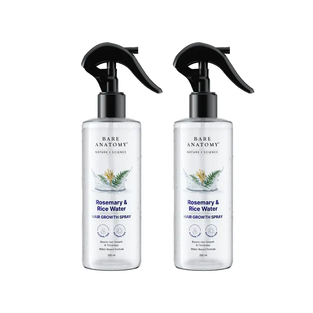 NEW ! Bare Anatomy Nature x Science Rosemary Water Spray for Hair Growth & Hair Thickness with Rice Water |100% Natural Extract | Soft & Smooth Hair| Controls Hairfall| Non-Greasy & Fast Absorbing | 200ml-2 Pack