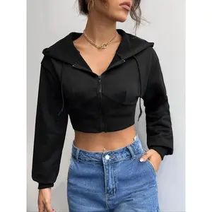 Women's Minimalist Drawstring Drop Shoulder Long Sleeve Zip Up Crop Hooded Jacket, Lady Basic Casual Fashionable Zipper Front Jacket for Daily Outdoor Wear