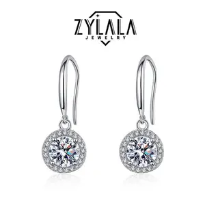 [072] Sterling 925 Silver Round Sparkling Synthetic Moissanite Decor Dangle Earrings Elegant Luxury Style Banquet Party Ear Ornaments