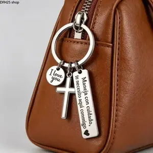 Maneja Con Cuidado Te Necesito Aquí Conmigo Keychain, Cross And I Love You Charm, Stainless Steel Key Ring, Romantic Religious Accessory, Thoughtful Gift For Men And Women