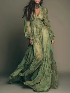 2026 Bestselling Women's Bohemian Floral V-Neck Long Sleeve Comfortable Mesh Summer Dress, Elegant Fitted Style, Breathable and Stylish