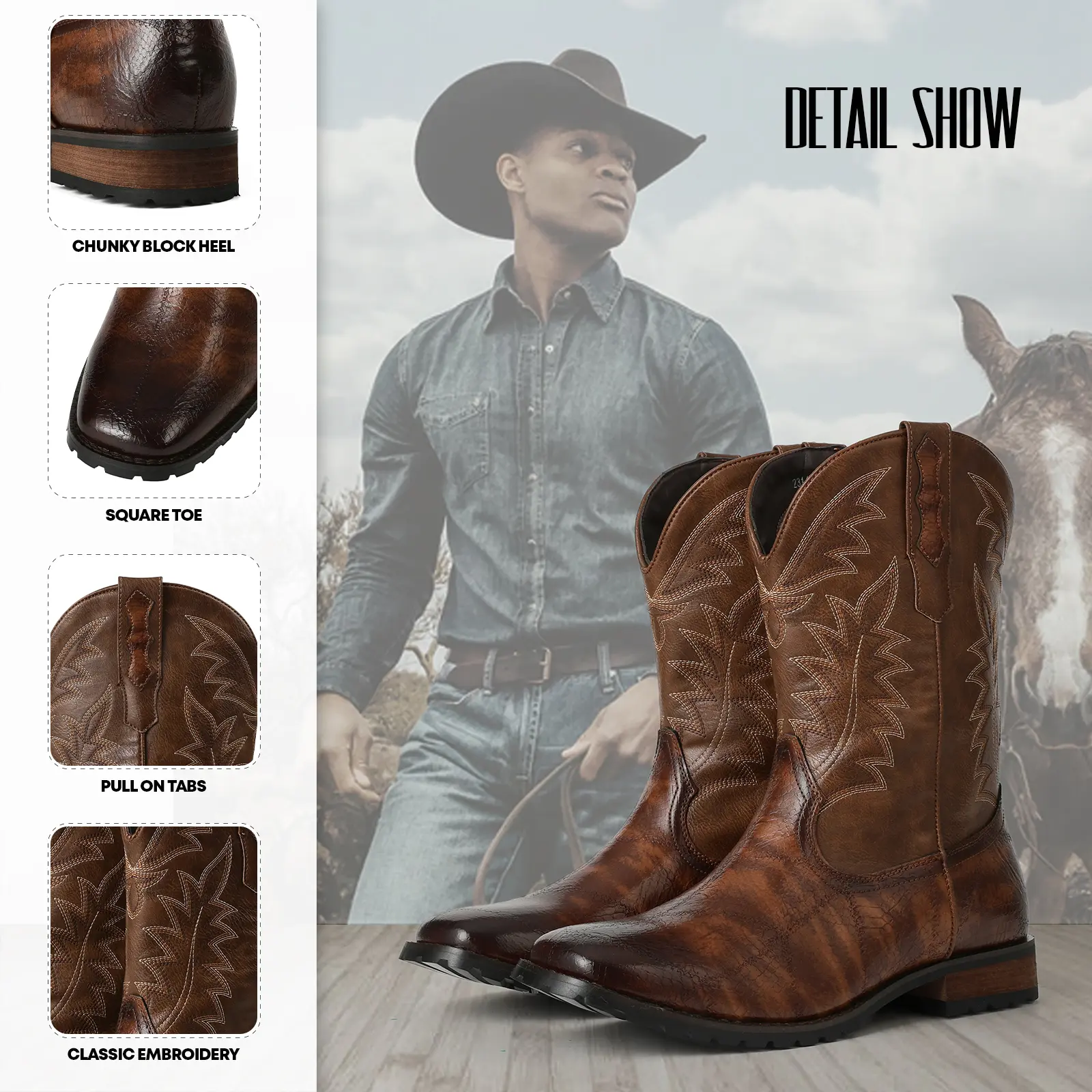 Men\'s Brown Square Toe Chunky Heel Mid-calf Classic Embroidered Pull On Boots Bruce Bull Neck Square Toe Cowboy Boot – Rock main image 2