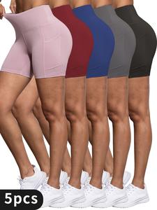 5PC Somen'S High-Waisted Yoga Shorts with Dual Side Pockets, Designed for Tight Fit, Butt-Lifting, Quick-Drying, And High Elasticity for Training, Running, Cycling, And Other Sports. Yoga Clothes Yoga Activewear