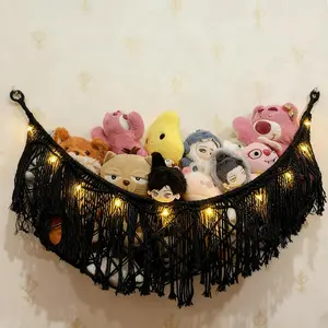 Stuffed  Hammock or Net With LED Lights  Wall  Stuffed  Storage Nets for Teddy Bear  Macrame   Net Hammock for Stuffed  Storage (Black)