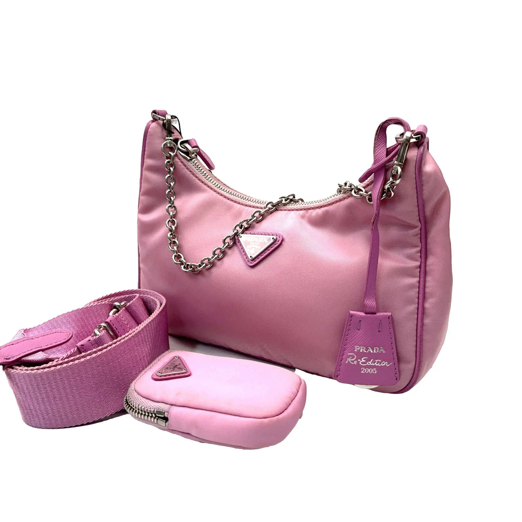 Pre-owned PRADA canvas Crossbody Bags Pink Tessuto Nylon 2005 Re Edition Shoulder Bag JZ00301 yongzhen