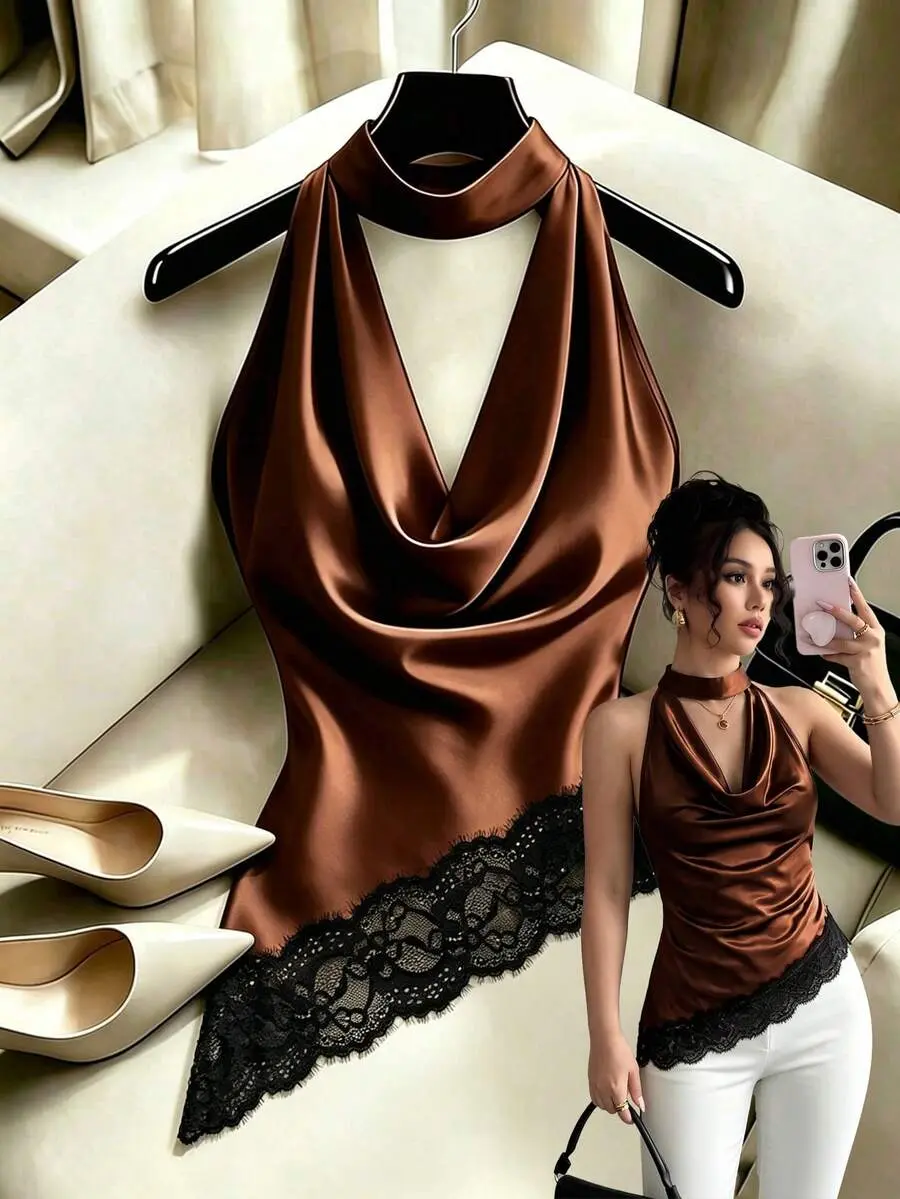Summer Romantic Exquisite Elegant Lace Trim Colorblock Satin Fabric Draped Neck Ruffle Collar Backless Waist-Cinching Asymmetrical Hem Women's Tank Top