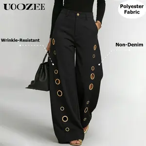 UOOZEE Women's 2026 New High Waist Gold Grommet Wide Leg Non-denim Pants with Pockets, Polyester Blend Suit Trousers, Non-Stretch Casual Summer Workwear Pants, Size Up for Curvy Hips