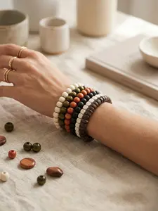 6pcs/set Men's Simple Wooden Bead Bracelet, Casual Elastic Adjustable Beaded Bracelet, Daily Decoration, Gifts for Family and Friends, Holiday Birthday Gifts for Boyfriends, Mix Bracelets