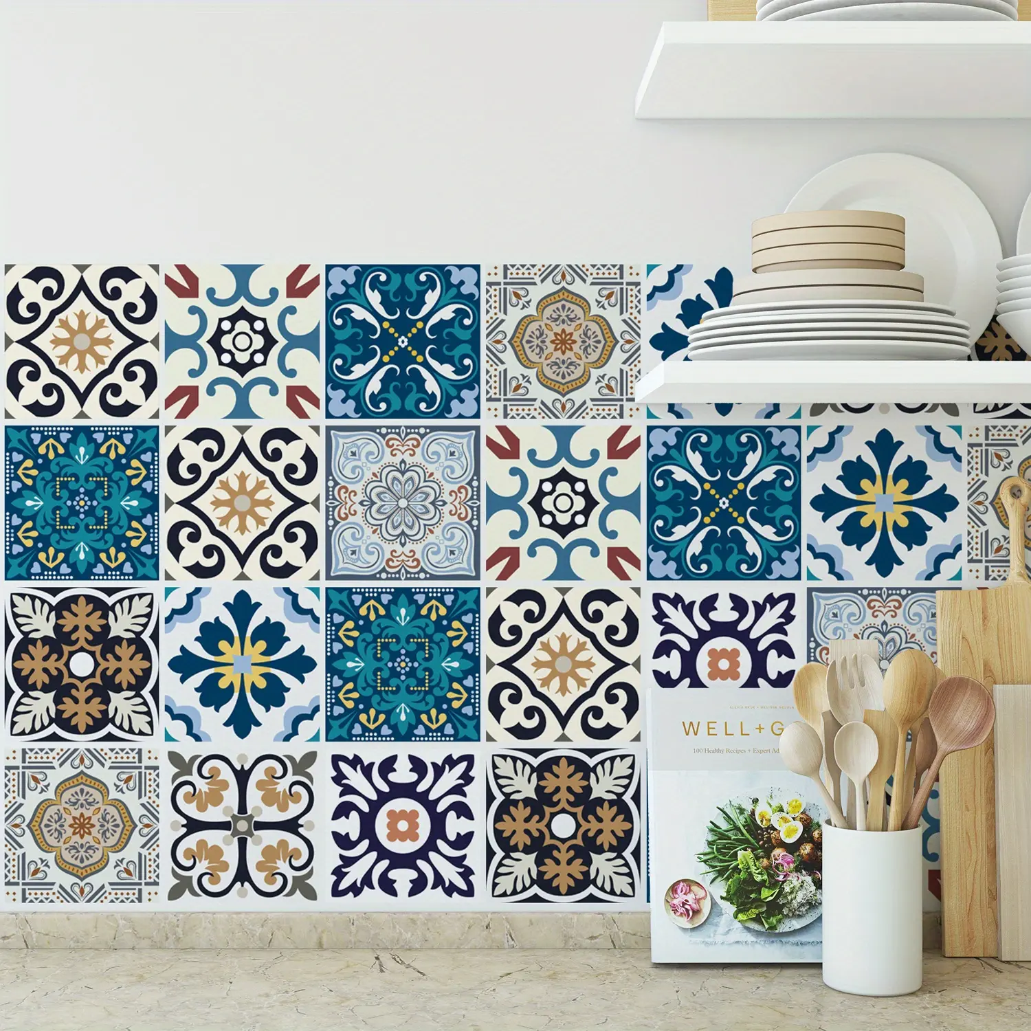 30-Piece Vintage Moroccan Mediterranean Style 4x4 in Self-Adhesive Vinyl Flat PVC Tiles Sticker - Waterproof, Oil-Proof, Mildew-Proof, Removable, Easy-to-Stick DIY Decoration Items for Kitchen Bathroom Splash Board