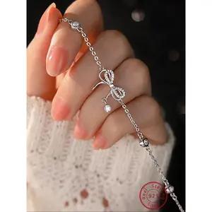 925 Sterling Silver Elegant Bowknot Design Rhinestone Decor Bracelet, Fashion Jewelry Accessories for Women & Girls, Trendy Exquisite Jewelry for Birthday Gift, Fashion Bracelets, Bracelet With Pendant