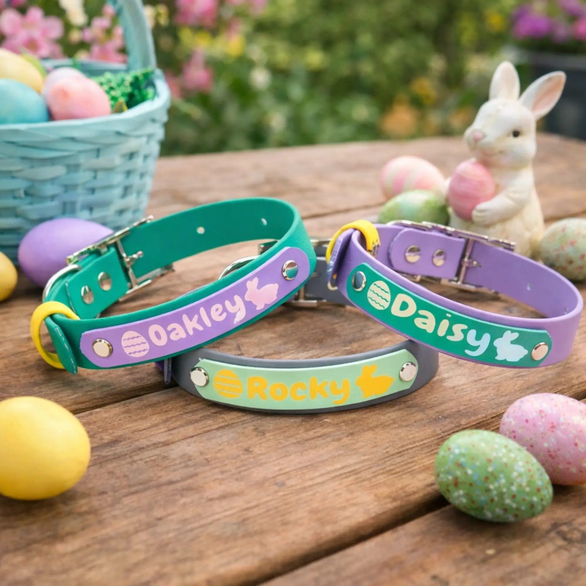 Easter Biothane Dog Collar - Custom Name, Waterproof & Durable Vegan Leather, Personalized with Name, Bunny & Egg Accents, Perfect for Easter & Spring Celebrations, Eco-Friendly & Adjustable