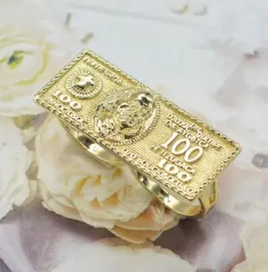 14K Gold-Plated Dollar Bill Double Finger Ring for Men & Women, Hip Hop Punk Statement Jewelry, Bold Fashion Party Gift