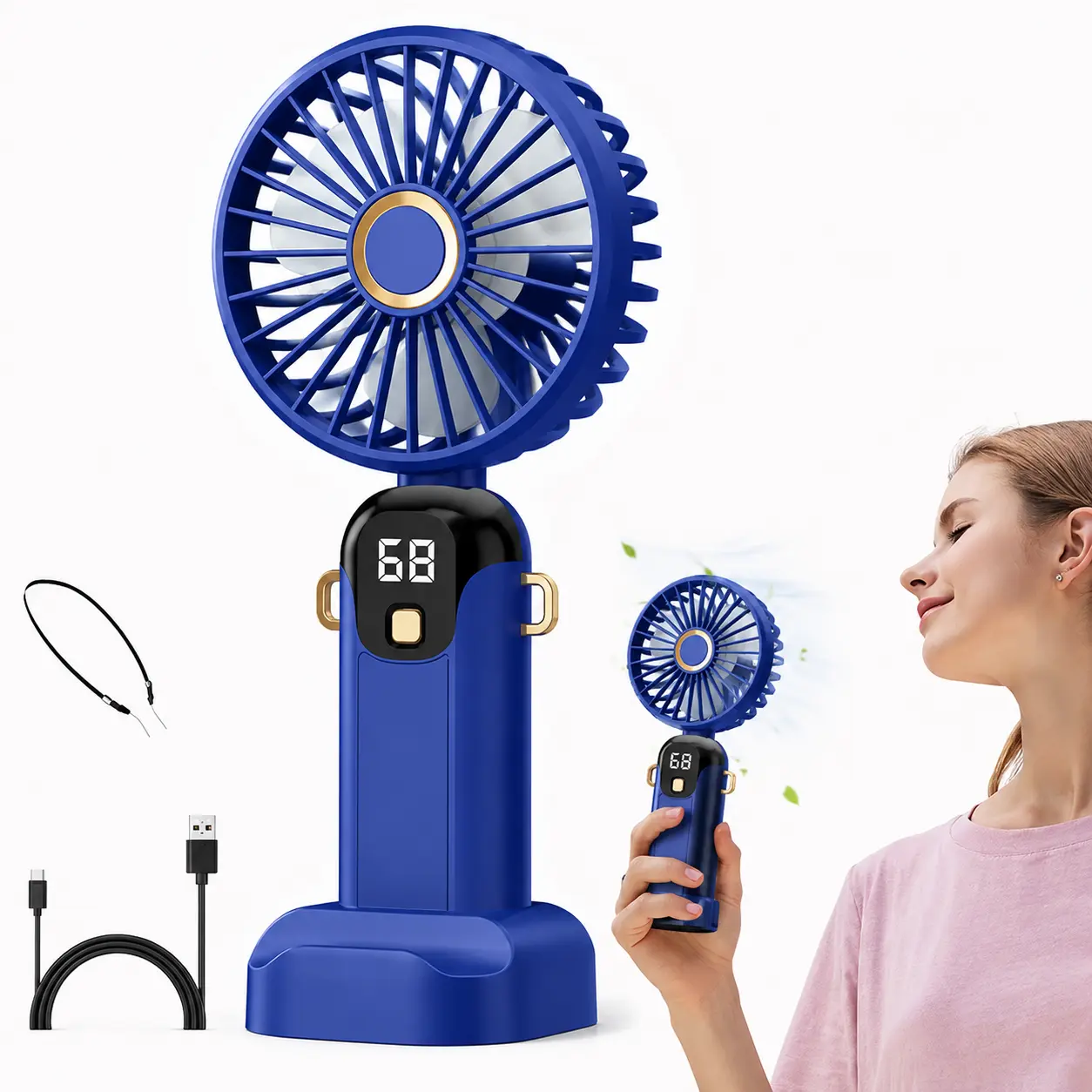Summer Mini Portable Fan, USB-Rechargeable Foldable Handheld Desk Fan with Built-in Digital Power Display, Battery-Operated Multi-Speed Cooling Device for Outdoor Travel, Ideal Mini Gifts for Holidays & Birthdays