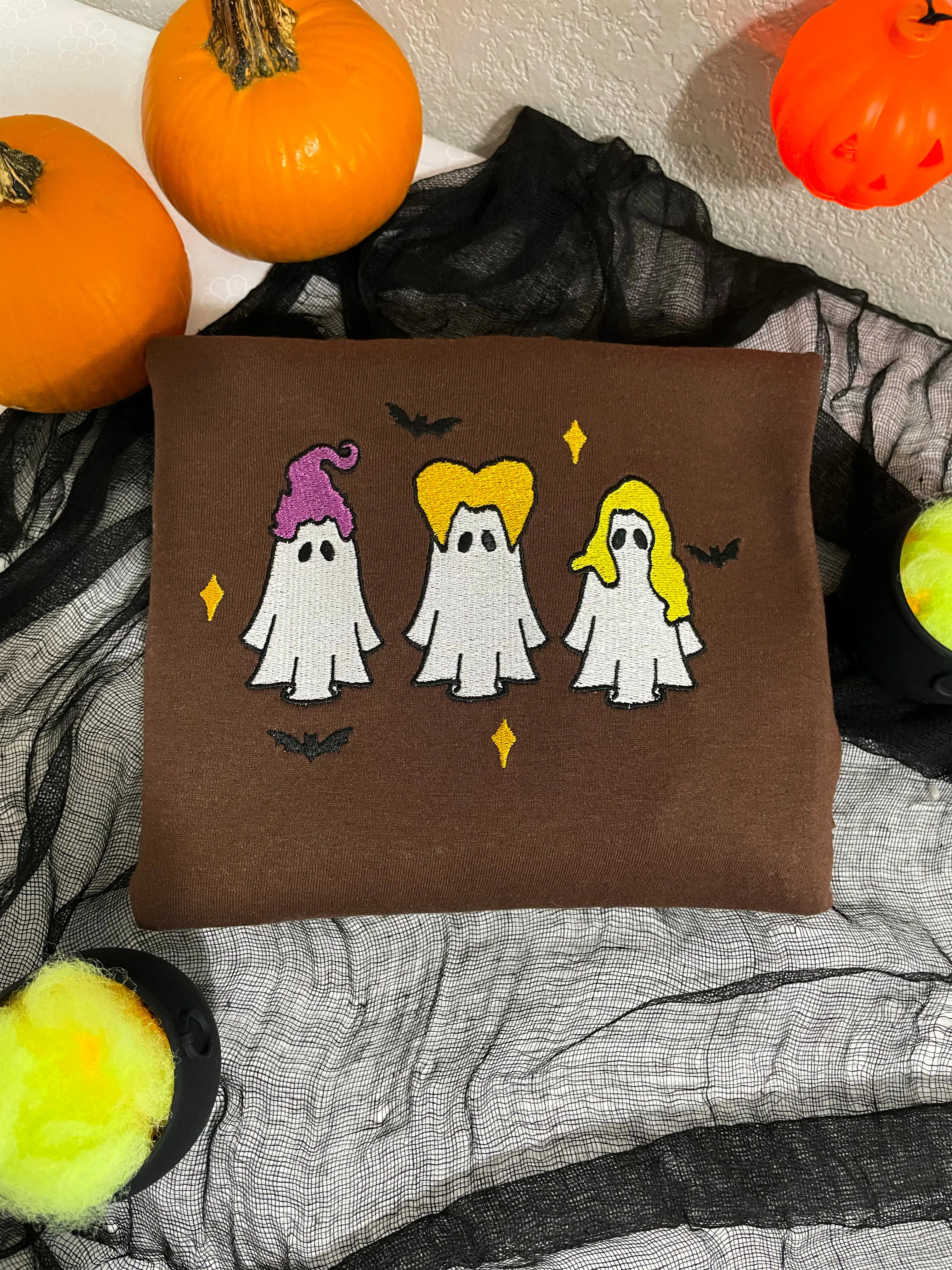 Halloween Hocus Pocus Ghost Brown Embroidered Sweatshirt