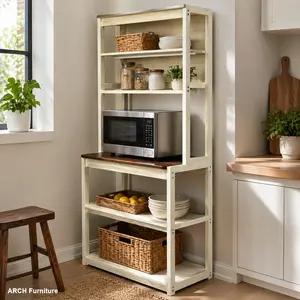 31.50 in 5-Tier Bakers Rack with Adjustable Shelves, Rustic White and Brown Sturdy Frame Indoor Furniture, Easy-Setup Kitchen Storage Shelves and Microwave Stand with Rustic Look