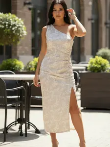 Endless Blu One Shoulder Cream Floral Split Dress