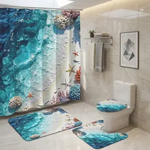4pcs Underwater Ocean Theme Bathroom Decor Set, Turquoise Shower Curtain, Starfish & Coral Designs, Tropical Seaside Atmosphere