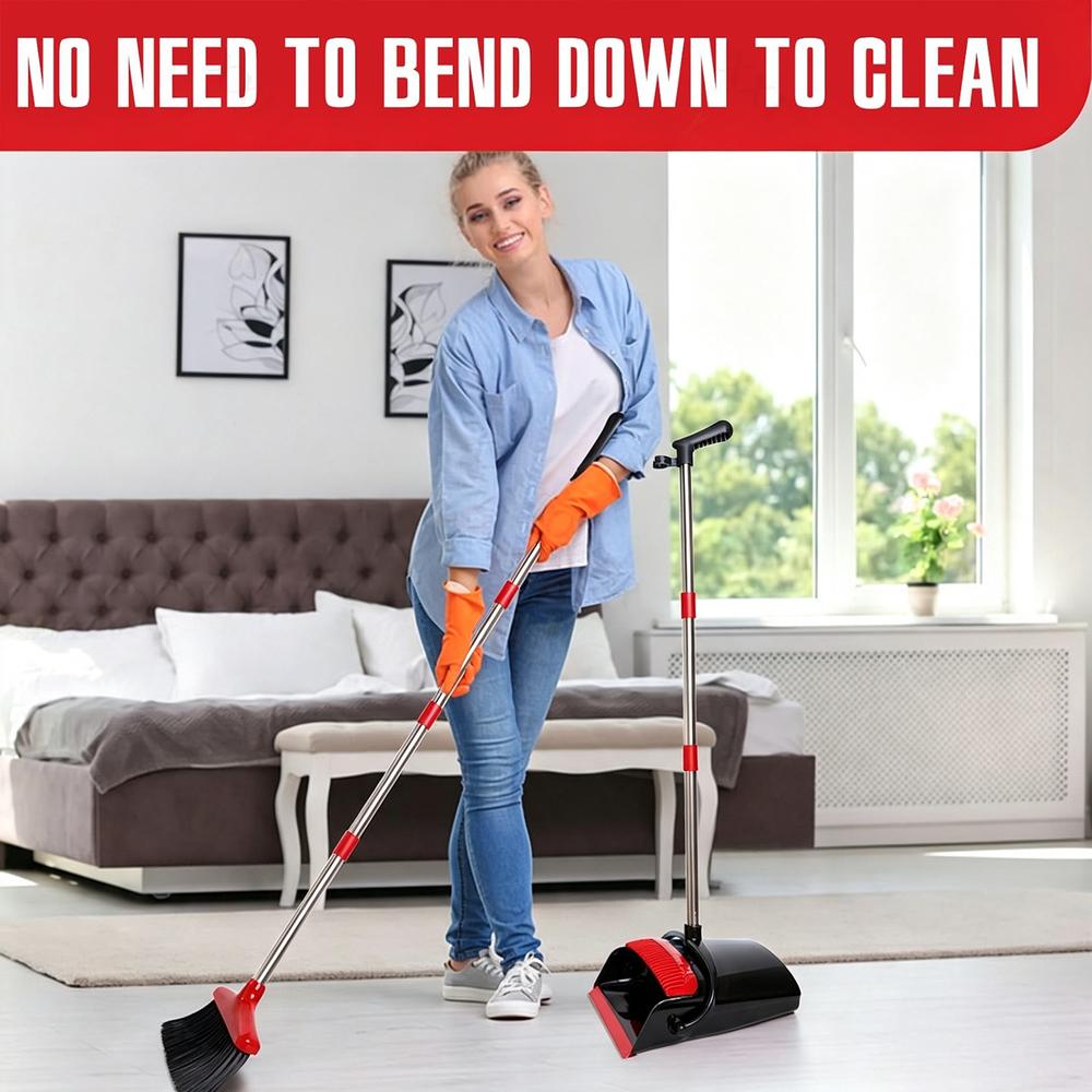 Black & Red Broom and Dustpan Set, Smooth Anti-Scratch Bristles, Hardwood Tile-Friendly, Durable Handle for Indoor Bedroom & Garage Floor Tidying