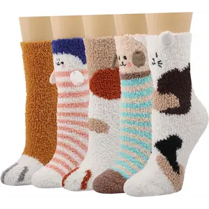 Fuzzy Slipper Socks for Women Fluffy Warm Non Slip Cozy Socks with Grips Winter Girls Soft Socks Animal Design 5 Pairs