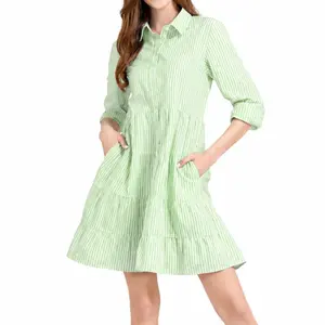 utcoco Womens Striped Button Down Midi Shirt Dress Casual Loose Cuffed Long Sleeve Mid Long Dresses