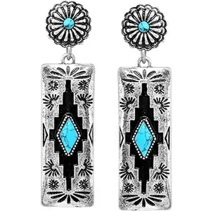 Silver Contrast Turquoise Aztec Rectangle Earrings