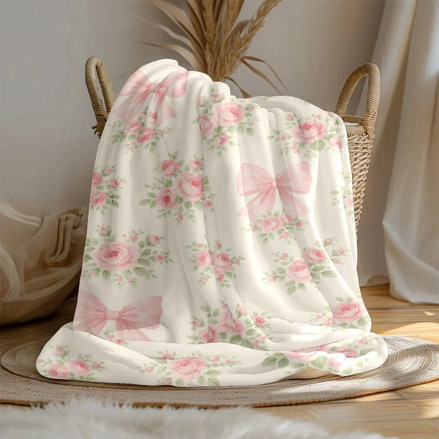 1pc 280Gsm Fading-Proof Retro Vintage Large Flannel Cozy Blanket - Soft Fluffy Throw Blanket with Pink Rose, Pink Bow, Green Leaf Floral Print - for Bedroom, Sofa Use, Floral Print Blanket
