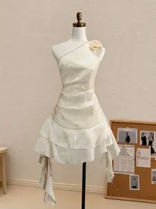 Women's Elegant Asymmetrical Backless Dress, Formal, 3D Floral Patchwork, Ruffle Hem, Off-Shoulder, Perfect for All Seasons