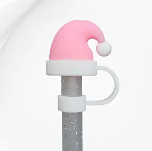 Christmas Santa Hat Silicone Straw Topper  - Pink