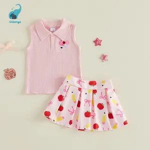 Toddler Girls Summer 2 Piece Outfits Embroidery Ribbed Lapel Tank Tops and Apple Pencil Print Mini A Line Skirt Set